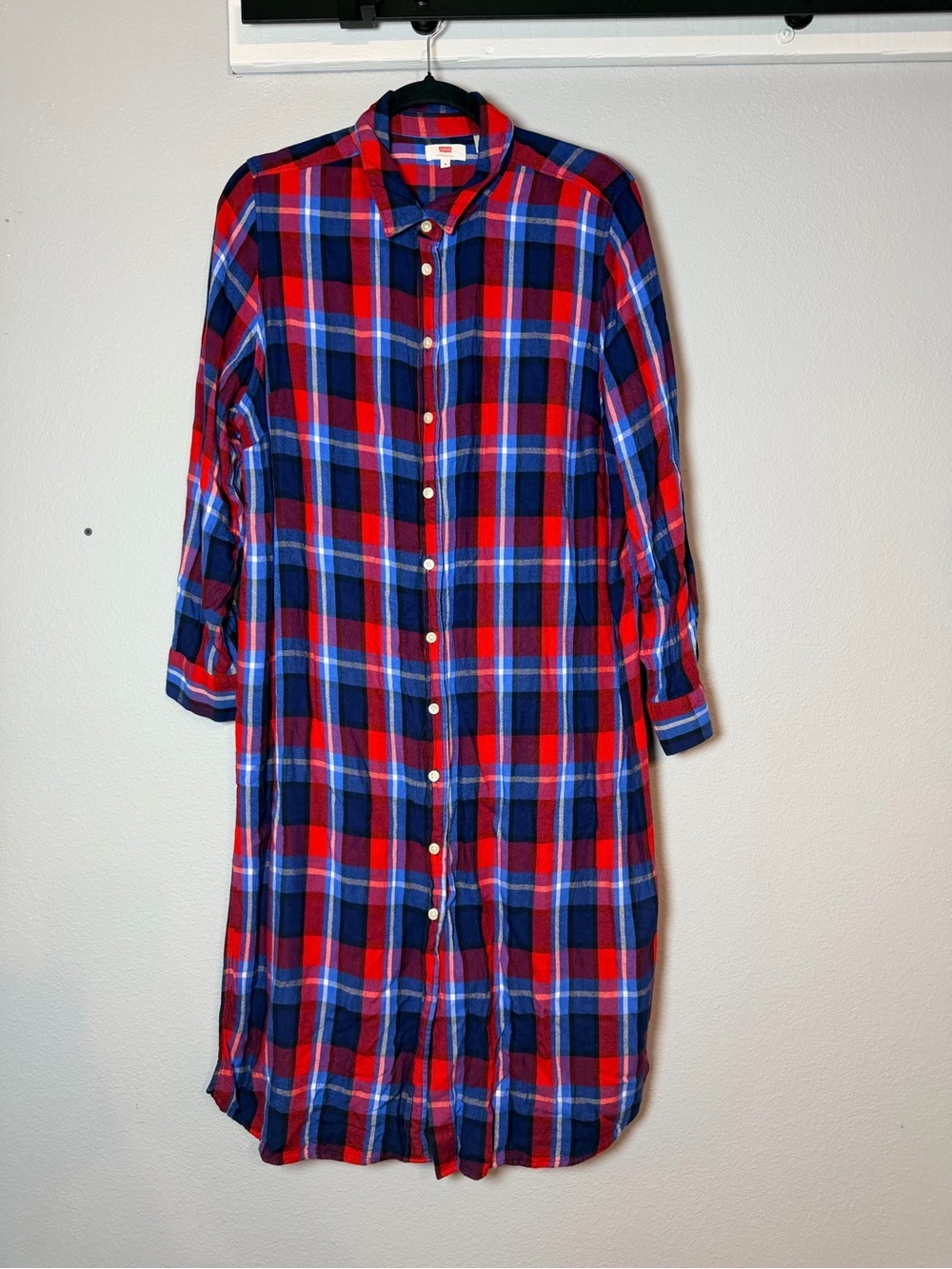 Levi's Plaid Flannel Button Up Shirt Dress Size 1X Blue Red Long Sleeve